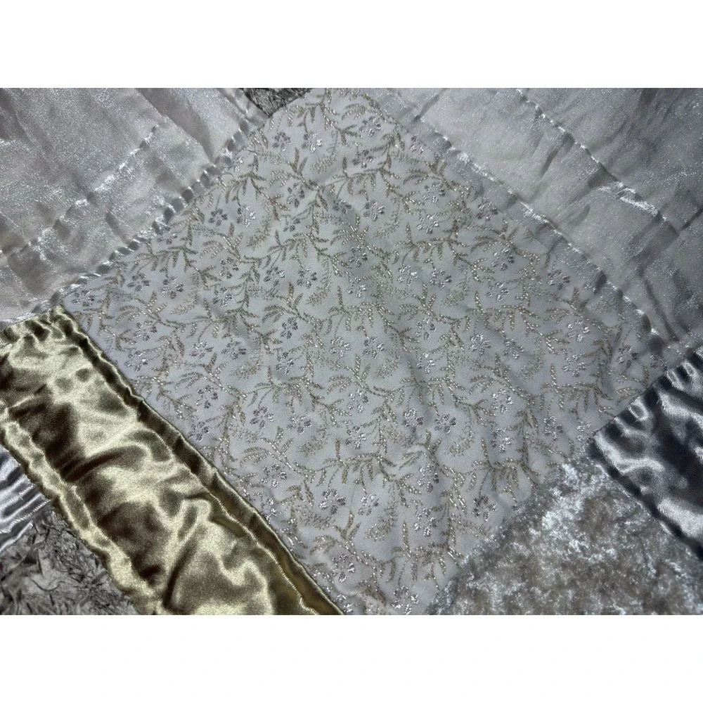Vtg Patchwork Throw Blanket Metallic Sateen‎ Quilted Velvet Floral
